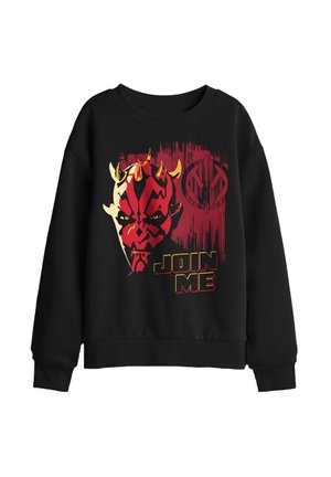 Schwarzer Sweatshirt mit rot und gelb stilisiertem Gesicht einer gehörnten Figur und dem Text „JOIN ME“ in fetten gelben und roten Buchstaben.