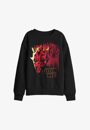 Schwarzer Sweatshirt mit rot und gelb stilisiertem Gesicht einer gehörnten Figur und dem Text „JOIN ME“ in fetten gelben und roten Buchstaben.