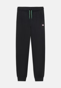 Pantalones de chándal negros de algodón con un corte ajustado, cinturilla elástica, cordón verde y un pequeño logo de Champion en el muslo izquierdo.