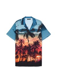 Camicia a maniche corte con bottone, caratterizzata da un design tropicale al tramonto con blu, arancione e nero, arricchita da palme, realizzata in tessuto leggero.