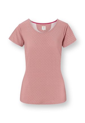 Short-sleeve, fitted pink top with subtle diamond pattern texture and round neckline, shown flat on white background.