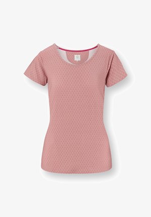 Short-sleeve, fitted pink top with subtle diamond pattern texture and round neckline, shown flat on white background.