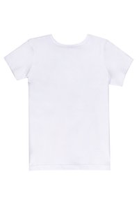 T-shirt bianco in cotone con maniche corte, scollatura rotonda e una texture liscia. Nessun motivo o dettaglio visibile sulla parte posteriore.