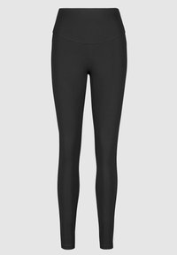 Leggings neri a vita alta realizzati in tessuto elastico, con una texture liscia e una silhouette aderente senza cuciture visibili.