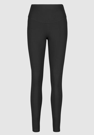 Schwarze hochtaillierte Leggings aus elastischem Stoff, mit einer glatten Textur und einer figurbetonten Silhouette ohne sichtbare Nähte.