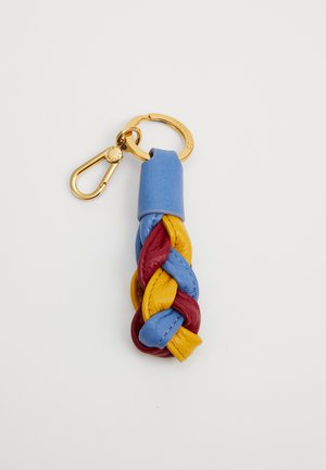 Keychain made of braided leather in blue, yellow, and red. Features a gold metal clasp and accent. Compact design with a smooth texture.