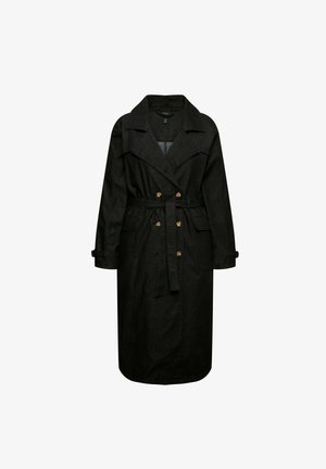 Manteau trench en denim noir avec une taille ceinturée, de grands revers et des poches avant. Comprend des détails de boutons et des manches longues.