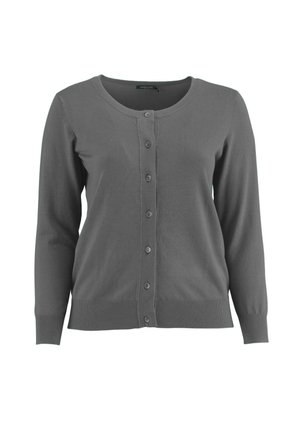 Szary kardigan z długim rękawem, z okrągłym dekoltem i siedmioma guzikami z przodu, wykonany z miękkiego dzianinowego materiału.