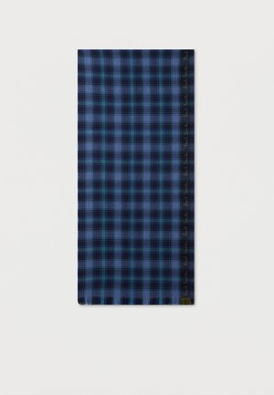 Modrý a čierny károvaný šál s tenkými zelenými čiarkami a strapcami na okrajoch, rozložený na bielom pozadí.