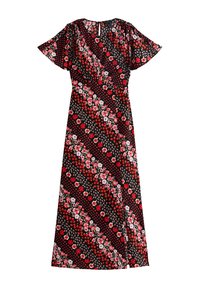Vestido maxi de tela negra con patrones florales rojos diagonales, lunares, mangas abullonadas y escote en V. Incluye una abertura en la parte posterior con forma de llave.