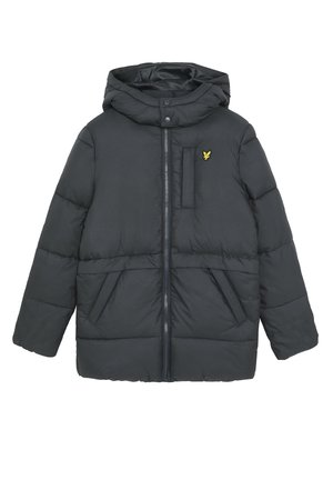 Sort polstret vinterjakke med hætte, lynlås foran, to nederste lommer, brystlomme og lille gul fuglelogo på brystet.