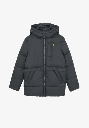 Veste d'hiver matelassée noire avec capuche, fermeture éclair à l'avant, deux poches basses, poche poitrine et petit logo oiseau jaune sur la poitrine.
