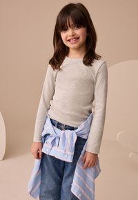 Gray long-sleeve top with ribbed texture, paired with loose blue denim jeans and a light blue shirt tied at the waist featuring pink stripes.