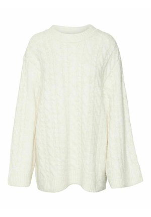 Krem pulover iz kabelskega pletenja z okroglim ovratnikom, dolgimi rokavi in rebrastimi robovi, ki ima teksturiran vzorec po vsej površini. Lahek in udoben.