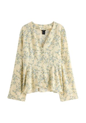 Lysegul langærmet bluse med små blå blomsterprint, V-hals og knapper foran.
