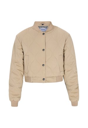 Beige gewatteerde bomberjack met ribbed cuffs en kraag, drukknoopsluiting en zijzakken, cropped fit.