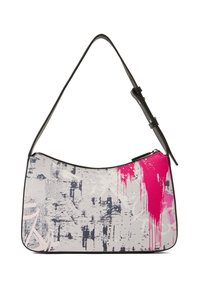 Geantă hobo realizată din material sintetic texturat; prezintă un design abstract gri și alb cu accente roz, cu o singură curea neagră pentru umăr.