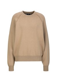 Beige sweatshirt met raglanmouwen, ribbelmanchetten en -zoom, textuurstof, met een subtiel reliëflogo op de voorkant.