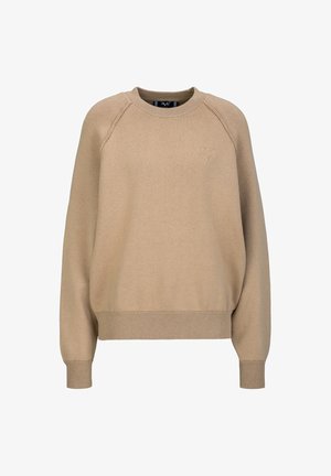 Beige sweatshirt met raglanmouwen, ribbelmanchetten en -zoom, textuurstof, met een subtiel reliëflogo op de voorkant.