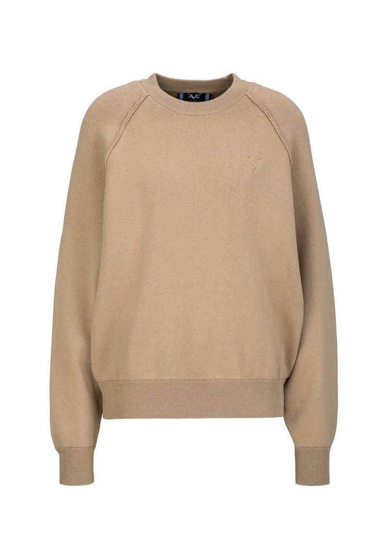 Beige sweatshirt met raglanmouwen, ribbelmanchetten en -zoom, textuurstof, met een subtiel reliëflogo op de voorkant.