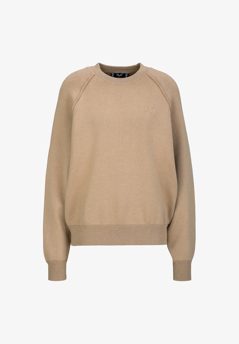 Beige sweatshirt met raglanmouwen, ribbelmanchetten en -zoom, textuurstof, met een subtiel reliëflogo op de voorkant.