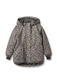 Pūkinė tamsiai pilka striukė su gobtuvu ir gėlių raštu. Yra elastingi rankogaliai, priekinės kišenės ir užsegimas priekyje su užtrauktuku.