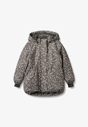 Puffet hættejakke i mørkegrå med blomsterprint. Har elastiske manchetter, forlommer og lynlåslukning foran.