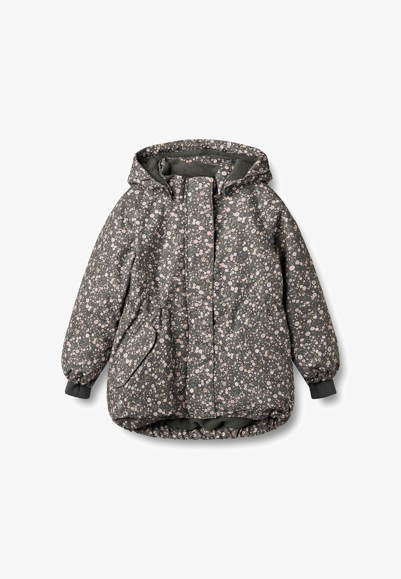 Pūkinė tamsiai pilka striukė su gobtuvu ir gėlių raštu. Yra elastingi rankogaliai, priekinės kišenės ir užsegimas priekyje su užtrauktuku.