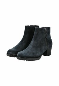 Botines de ante gris oscuro con cierre de cremallera en el lateral, que cuentan con un tacón cuadrado y una suela de goma texturizada para un mejor agarre.