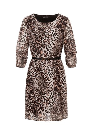 Haljina s uzorkom leoparda od prozirnog materijala s rukavima do tri četvrtine i strukom s remenom. Ima okrugli izrez i lepršavu siluetu.