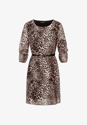 Haljina s uzorkom leoparda od prozirnog materijala s rukavima do tri četvrtine i strukom s remenom. Ima okrugli izrez i lepršavu siluetu.