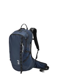 Sac à dos de randonnée Blue Jack Wolfskin avec bretelles rembourrées, poches latérales et ceinture de taille ajustable.
