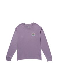 Long-sleeve lavender shirt in soft cotton. Features a round, colorful mountain and sun graphic on the chest. Ribbed cuffs. Simple design.