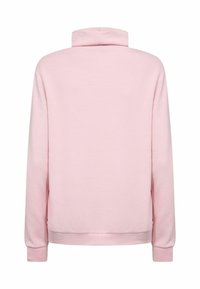 Svetloružová dlhá mikina s dlhým rukávom a vysokým golierom. Vyrobená z mäkkej, hladkej tkaniny s rebrovanými manžetami a lemom. Bez viditeľných log alebo vzorov.