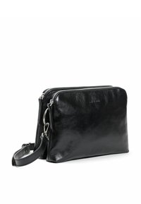 Borsa a tracolla nera in pelle con due scomparti con zip, tracolla regolabile, superficie liscia e design minimalista. Accenti in hardware argentato.