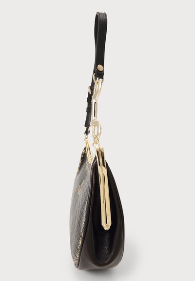 Black leather handbag with a croc pattern, gold hardware accents, curved shape, and a short strap. Features a structured top closure.