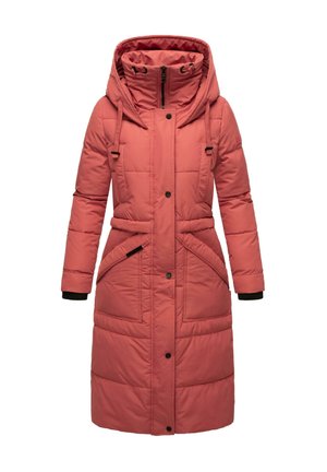 Parka rosa imbottita con cappuccio, dotata di chiusura con zip, due tasche frontali, polsini elasticizzati e un design con vita cinchata per enfatizzare la forma.