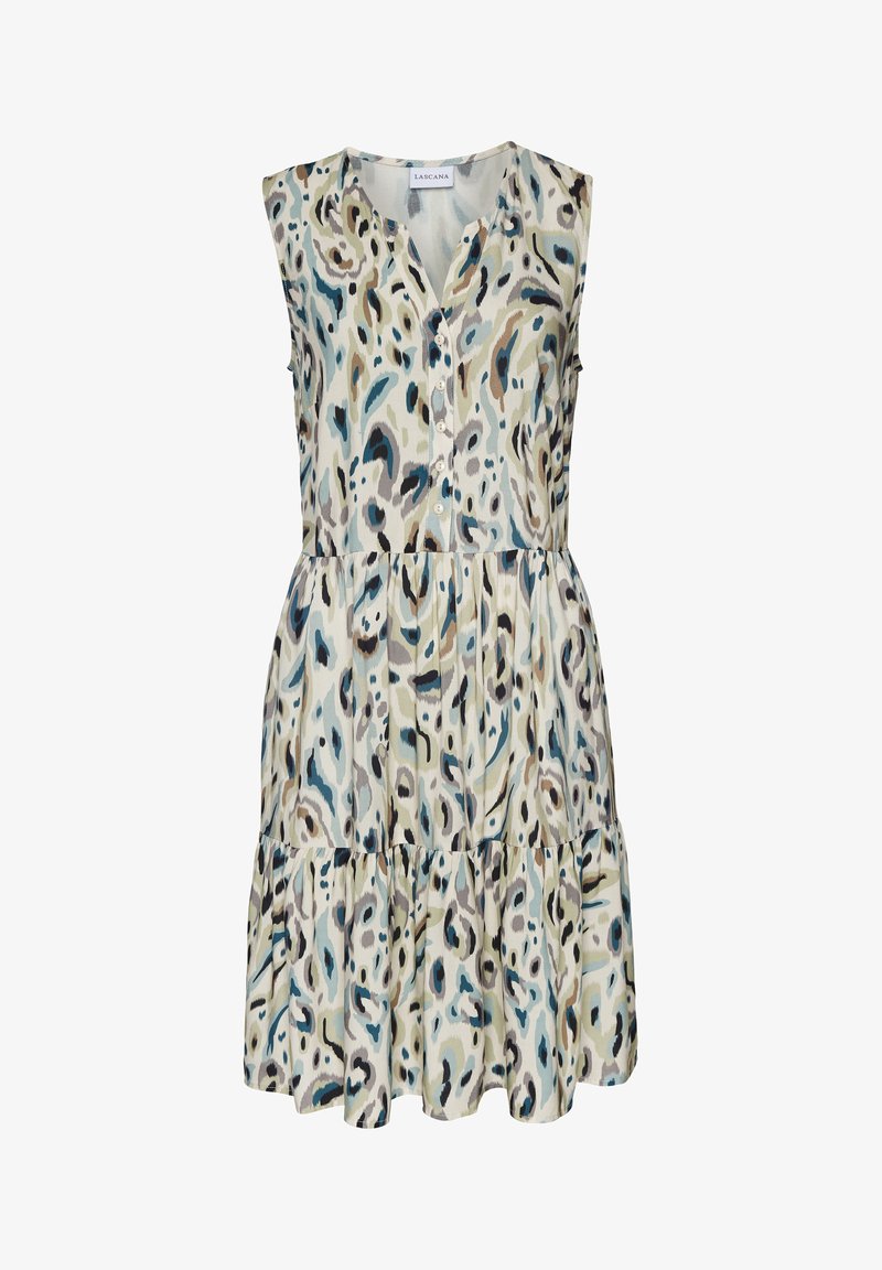 Hihaton mekko, jossa on kevyt kangas abstraktilla painatuksella sinisen, harmaan ja vihreän sävyissä. Mekossa on nappikiinnitys edessä ja kerroksellinen hame.