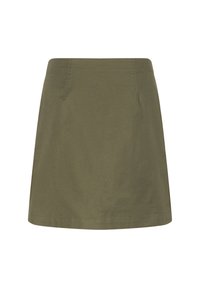Olive green A-line skirt made of smooth fabric, featuring a waistband and straight hem with minimal stitching details.