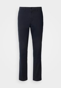 Mörkblå byxor i slät tygkvalitet, med rak benpassform, framfickor och klassisk knappstängning. Inga synliga mönster eller detaljer.