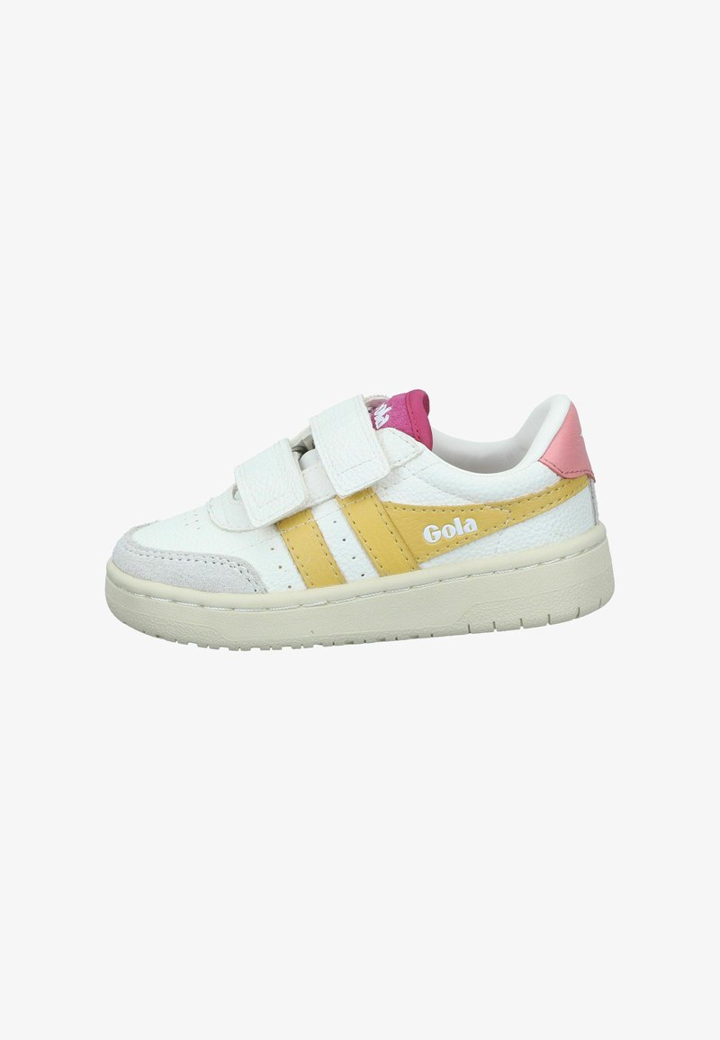 Vita sneakers med gula och rosa detaljer. Har två kardborreband, överdel i texturerat läder och gummisula. Varumärket "Gola" tryckt.