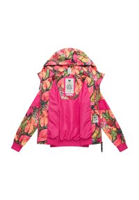 Hooded jacket with pink, green, and yellow leaf pattern, bright pink interior lining, and a visible label inside the collar area.