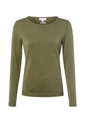 Grüner Strickpullover mit langen Ärmeln, rundem Ausschnitt und gerippten Bündchen sowie Saum. Weicher Stoff und mittelschwerer Material. 