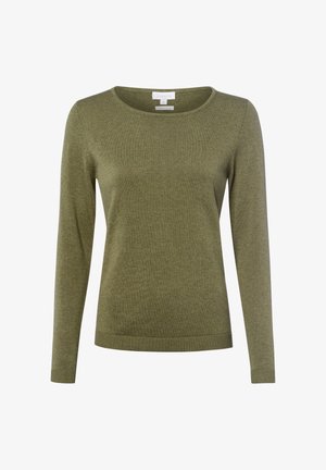 Zielony sweter dzianinowy z długimi rękawami, okrągłym dekoltem oraz prążkowanymi mankietami i dołem. Miękka tekstura i średnia waga materiału.