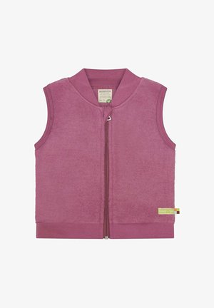 Mouwloos roze fleecevest voor kinderen met ritssluiting aan de voorkant en geribde kraag, zoom en armsgaten, voorzien van een klein stoffen merkteken.