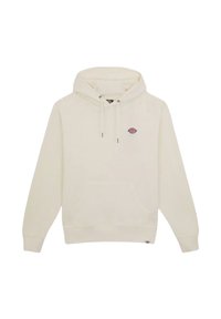 Felpa color crema con tasca frontale, cappuccio con cordino e piccolo logo circolare rosso e blu sul petto e vicino all'orlo.