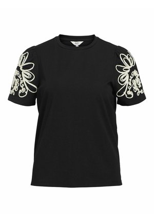 T-shirt noir avec des manches bouffantes et une broderie florale blanche complexe sur les épaules. Fabriqué en coton doux. Coupe classique.