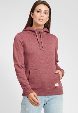 Bordeaux hoodie met een trekkoordkap, een voorzak en geribbelde manchetten. Zachte textuur, casual pasvorm, voorzien van een klein merkembleem aan de onderzijde.