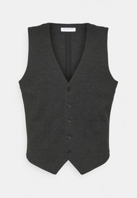 Ciemnoszara kamizelka uszyta z fakturowanej tkaniny, z dekoltem w kształcie litery V, sześcioma guzikami, dwiema przednimi kieszeniami i jedną kieszenią na piersi.