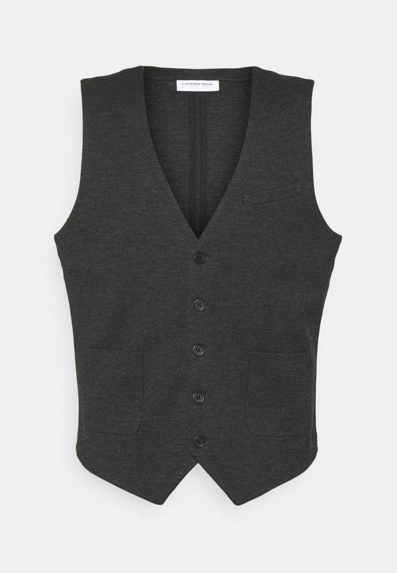 Ciemnoszara kamizelka uszyta z fakturowanej tkaniny, z dekoltem w kształcie litery V, sześcioma guzikami, dwiema przednimi kieszeniami i jedną kieszenią na piersi.